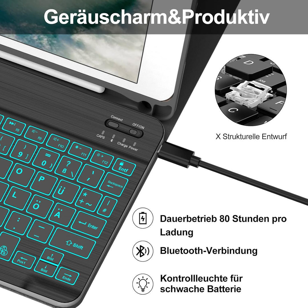 Hülle mit Tastatur für iPad 6. Generation 9.7 Zoll, 7-Farbige Beleuchtung, Magnetisch Abnehmbarer QW