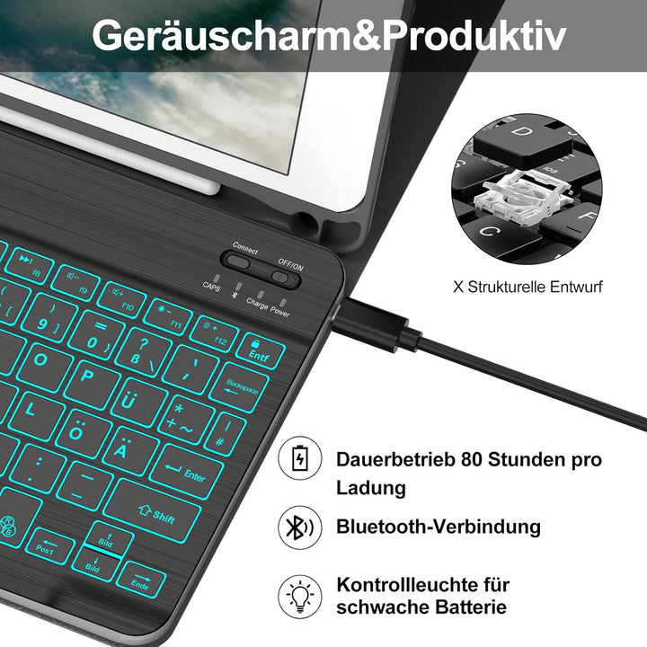 Hülle mit Tastatur für iPad 6. Generation 9.7 Zoll, 7-Farbige Beleuchtung, Magnetisch Abnehmbarer QW