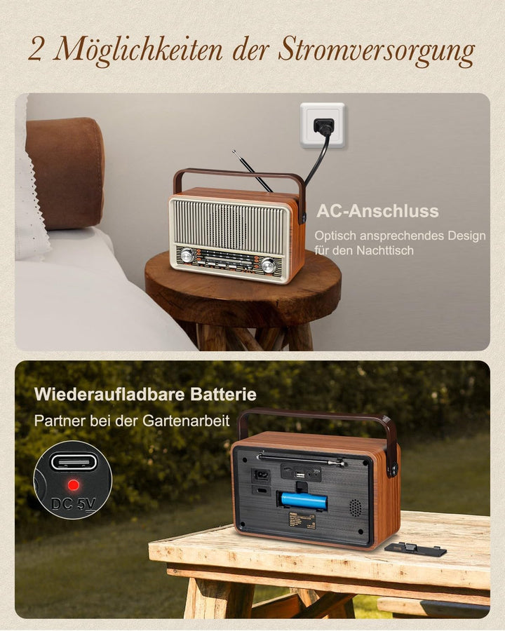 PRUNUS J-120 AM/FM/SW Retro Radio Klein, Kofferradio mit 1800mAh Akku, oder AC-Strom, Küchenradio No