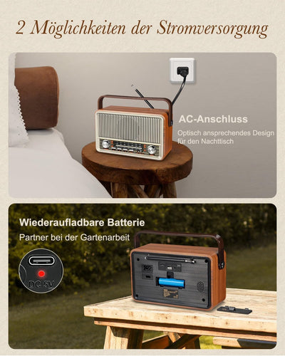 PRUNUS J-120 AM/FM/SW Retro Radio Klein, Kofferradio mit 1800mAh Akku, oder AC-Strom, Küchenradio No