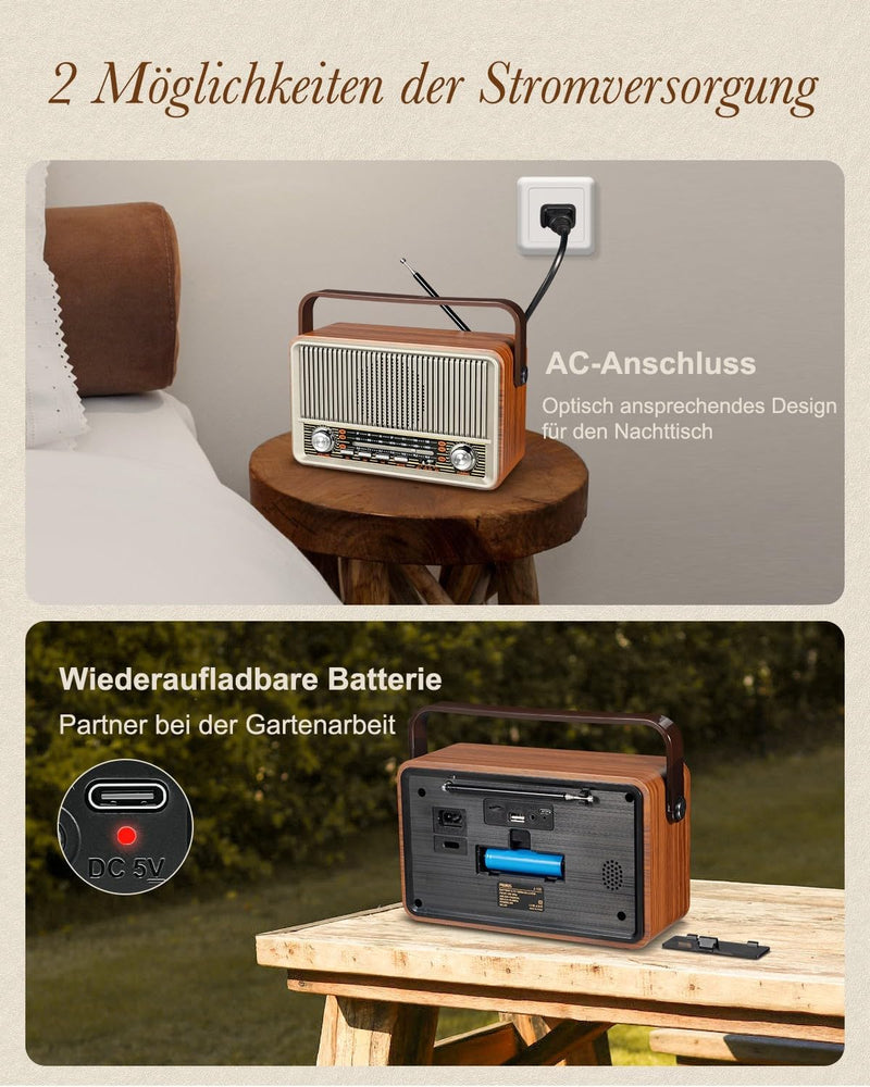 PRUNUS J-120 AM/FM/SW Retro Radio Klein, Kofferradio mit 1800mAh Akku, oder AC-Strom, Küchenradio No