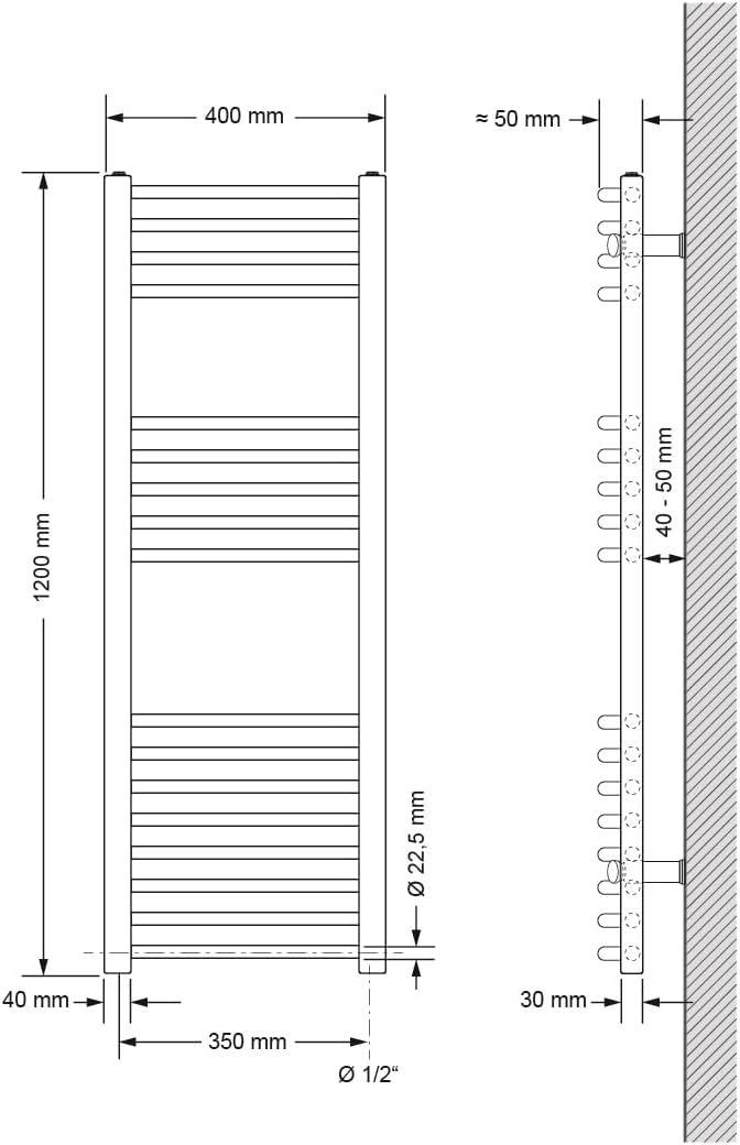 LuxeBath Badheizkörper Elektrisch 400x1200mm mit Heizstab 900W Grosse Leistung Chrom gebogen mit Sei