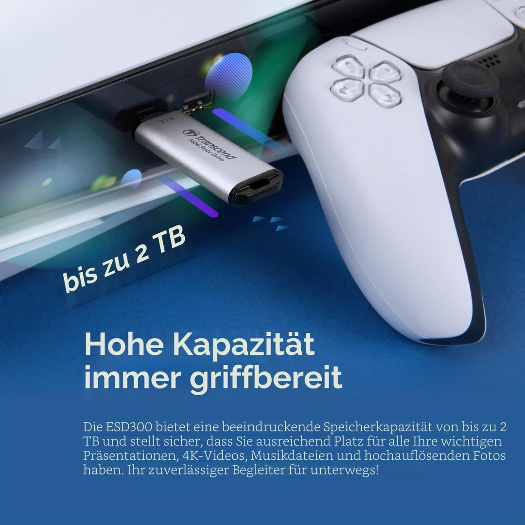 Transcend Portable SSD ESD300S 512GB USB Typ-C 10 Gbit/s PS4/PS5-kompatibel, Silber – TS512GESD300S
