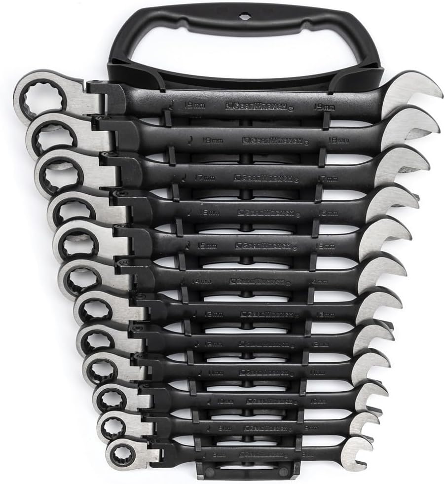 GearWrench 9901DBE Ringmaulschlüssel mit Ratsche Schwenkbar Set Metrisch, 8 - 19 mm, Schwarz, 12 Stü