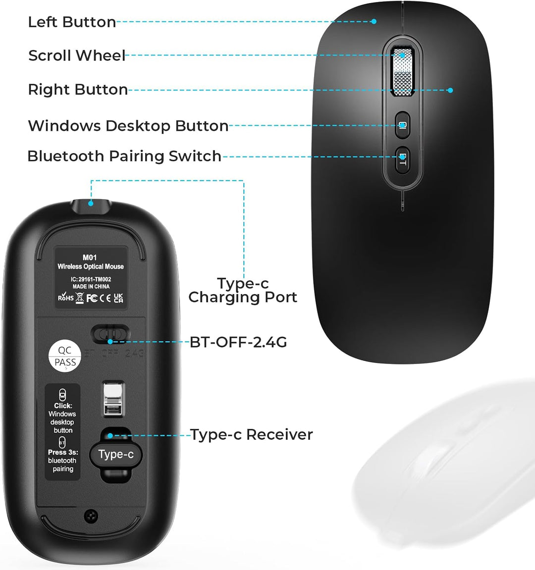 PINKCAT Maus Kabellose USB C, Wiederaufladbare Dual-Modus Mouse(Bluetooth5.1+USB C), Leise Bluetooth