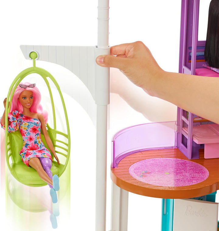 Barbie HCD50 - Malibu Ferien-Haus (klappbar), Puppenhaus mit Möbeln und diversen Zubehör-Teilen, Spi