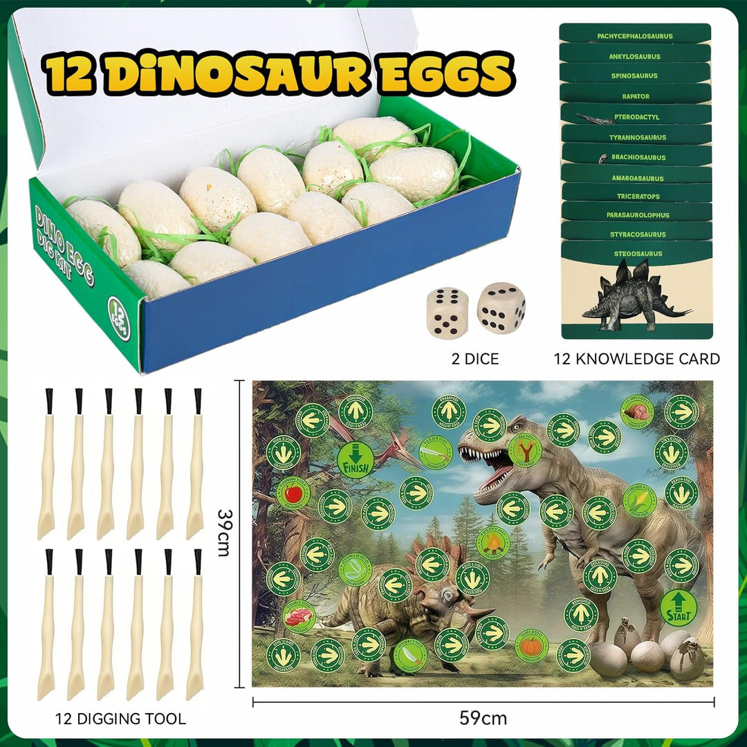 Dino Ei Ausgrabungsset, 12 Stück Dinosaurier Eier mit Ausgrabungswerkzeug, Lernkarten & Spielmatte,