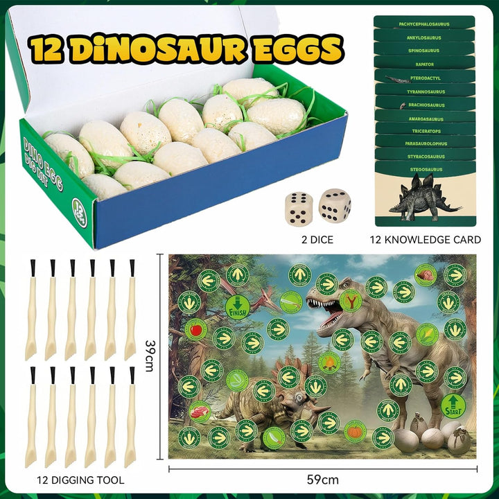 Dino Ei Ausgrabungsset, 12 Stück Dinosaurier Eier mit Ausgrabungswerkzeug, Lernkarten & Spielmatte,