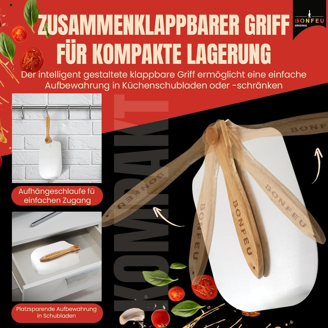 BonFeu Pizzaschieber und Pizzaschneider Set - Pizzaschaufel mit Abnehmbarem Holzgriff - Pizza Schieb