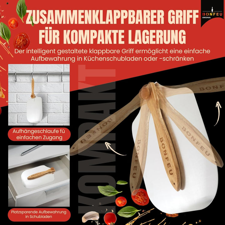 BonFeu Pizzaschieber und Pizzaschneider Set - Pizzaschaufel mit Abnehmbarem Holzgriff - Pizza Schieb