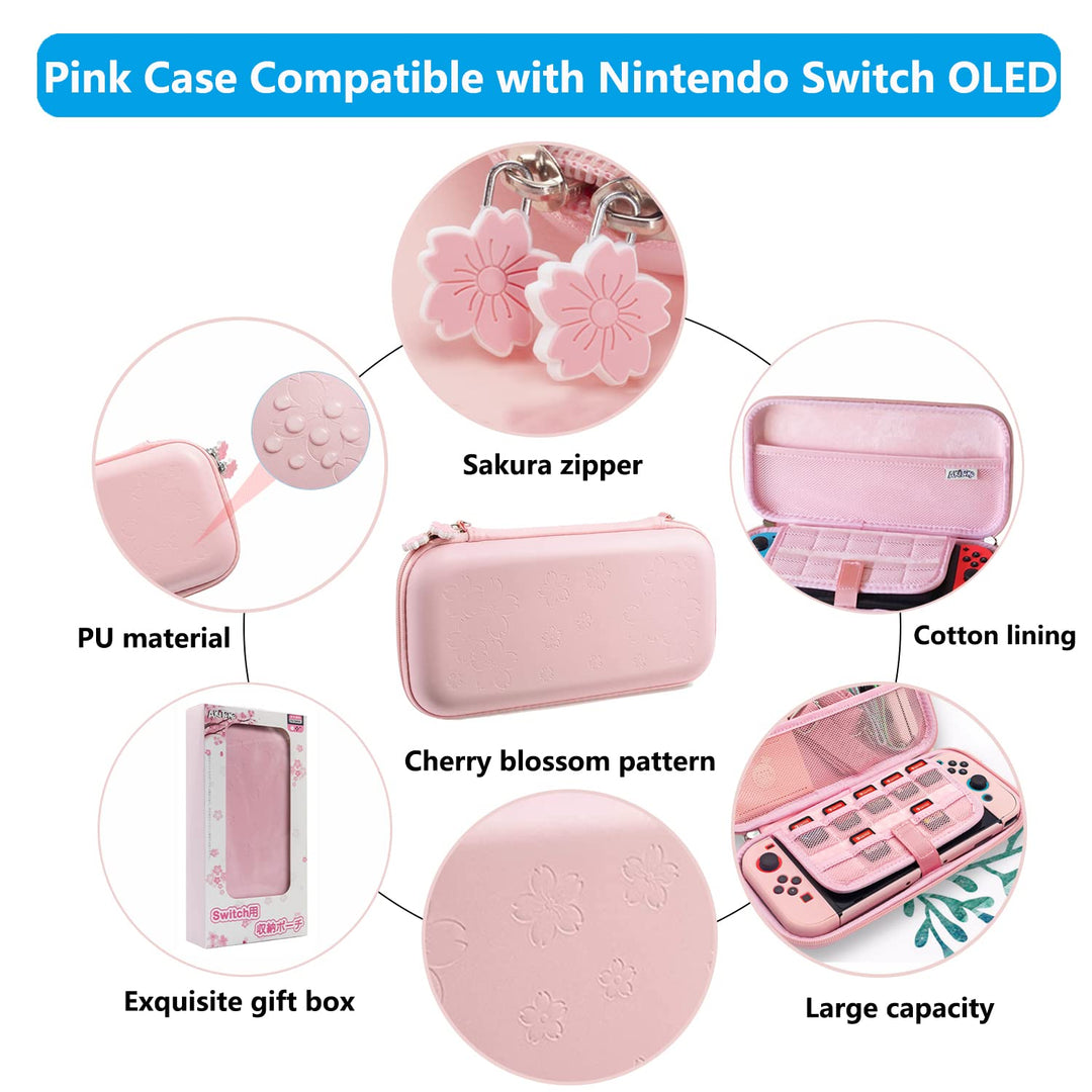 OLDZHU Rosa Tasche Kompatibel mit Nintendo Switch OLED,10 in 1 Rosa Reisezubehör Set mit Tragetasche