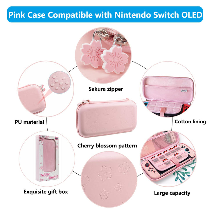 OLDZHU Rosa Tasche Kompatibel mit Nintendo Switch OLED,10 in 1 Rosa Reisezubehör Set mit Tragetasche