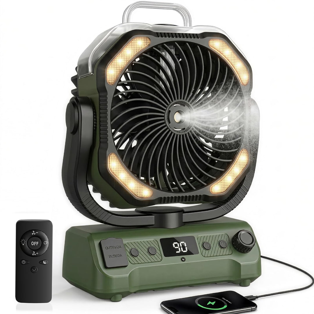 20000mAh Camping Ventilator Akku mit Licht, 0-100 Stufen Regelbar Outdoor Ventilator mit Sprühfunkti