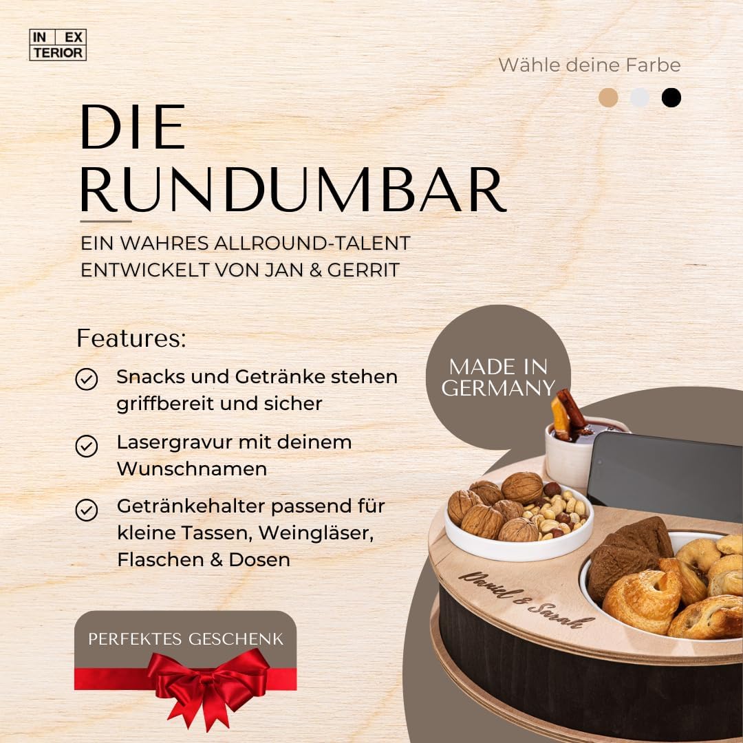 INEXTERIOR – Couchbar RundumBar handgefertigt aus Holz in Schwarz mit Wunschgravur – Runde Snack Box