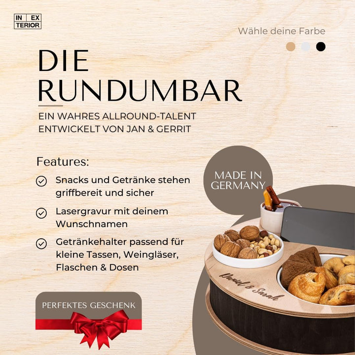 INEXTERIOR RundumBar CouchBar – Weinbar - handgefertigt in Deutschland - Zwei Snackschalen, Organize