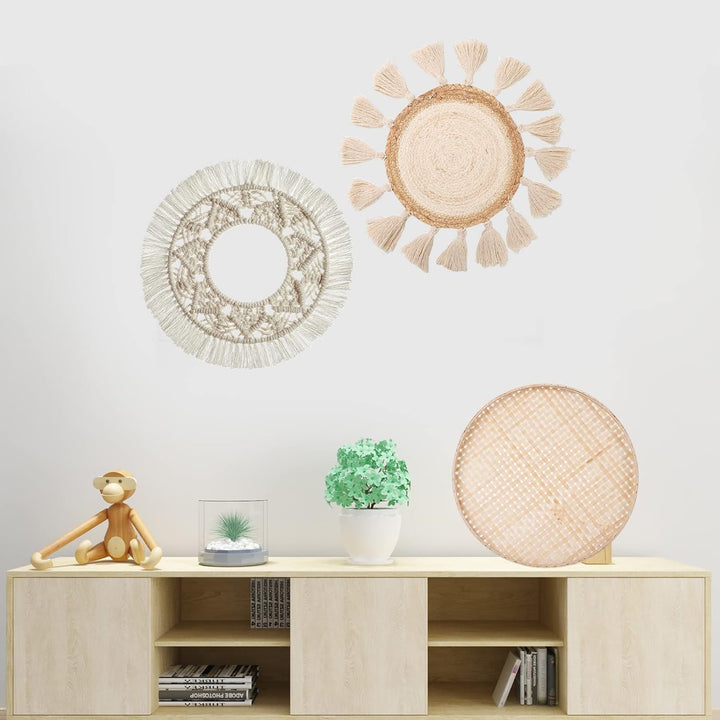 Boho-Wandbehang, flach, rund, gewebt, Makramee-Quasten, weisser Wandteppich, Bambus-Wandkorb, Servie