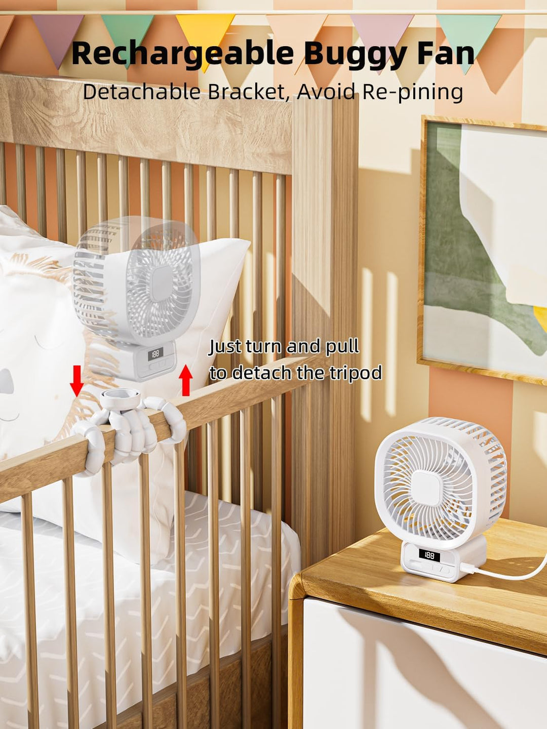 Tragbarer Ventilator Kinderwagen mit 10000mAh, 270° Drehung Ventilator Klein mit 3 Geschwindigkeiten