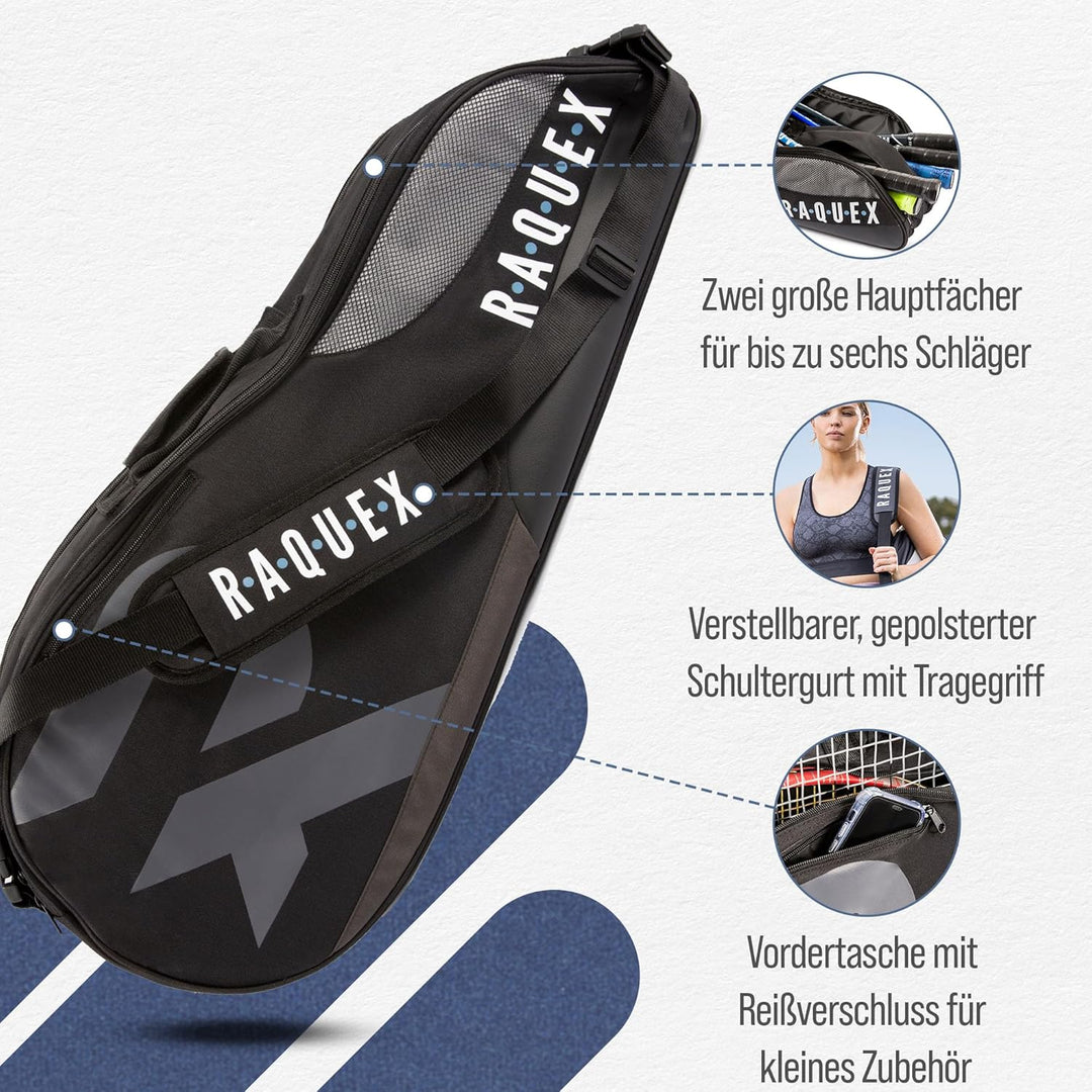Raquex Schlägertasche für Tennis-, Badminton- und Squashschläger. Tennistasche für bis zu 6 Schläger
