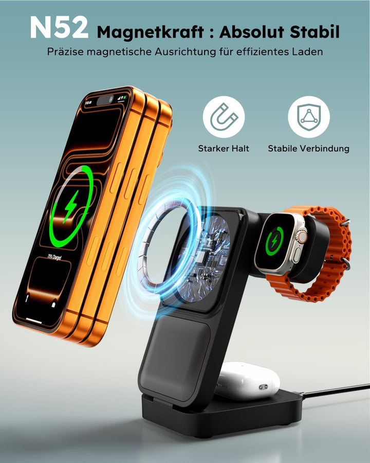 15W Magsafe Ladestation für Apple Watch und iPhone Faltbare mit Schnellladefunktion, 3 IN 1 Magsafe