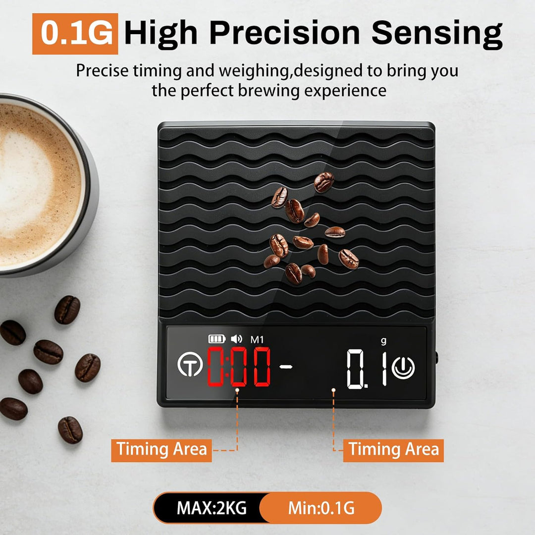 Kaffee Waage mit Timer, Espresso Waage 2kg/0,1g Präzisionswaage, Wiederaufladbare Küchenwaage mit LE