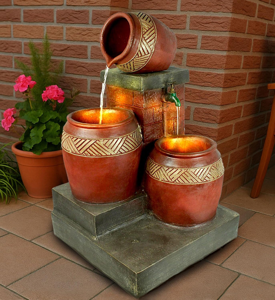 Gartenbrunnen mit LED Beleuchtung Springbrunnen Krüge Zierbrunnen Terrassenbrunnen Balkon Brunnen Ga