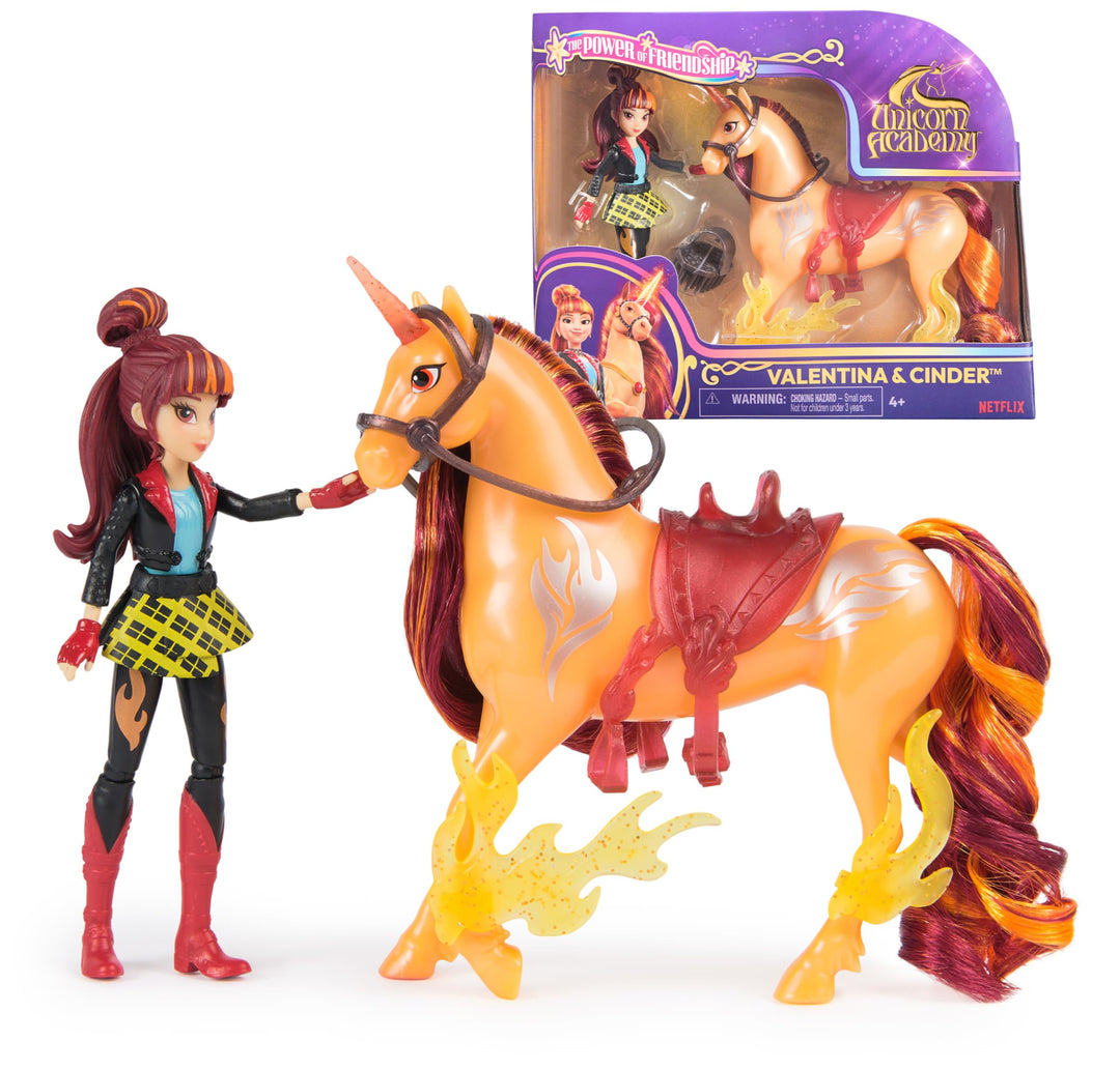 Unicorn Academy Set - Valentina und Einhorn Cinder mit echter Mähne und Schweif sowie Bürste, ca. 12