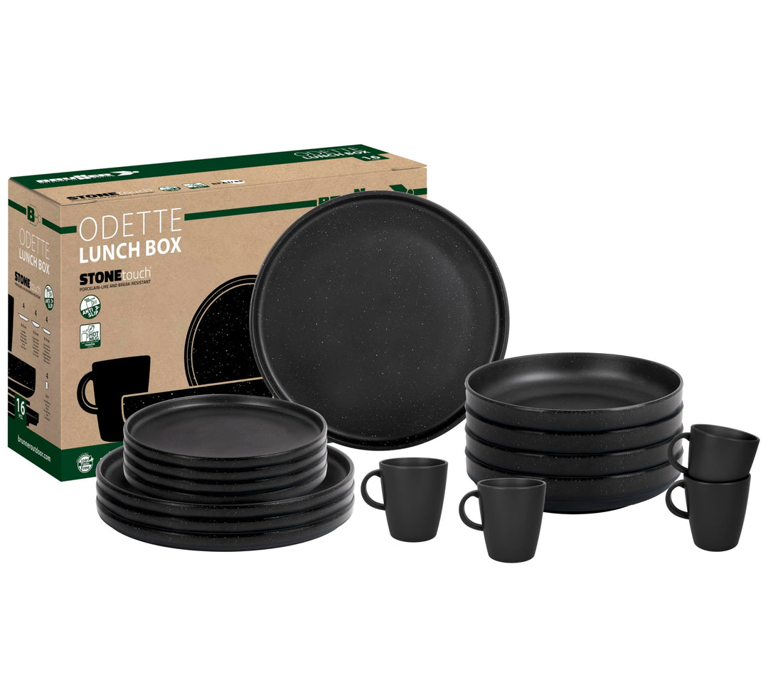 BRUNNER: Melamin Geschirr-Set Camping | 16-Teilig - Teller & Becher für 2-4 Personen | Lunch Box ODE