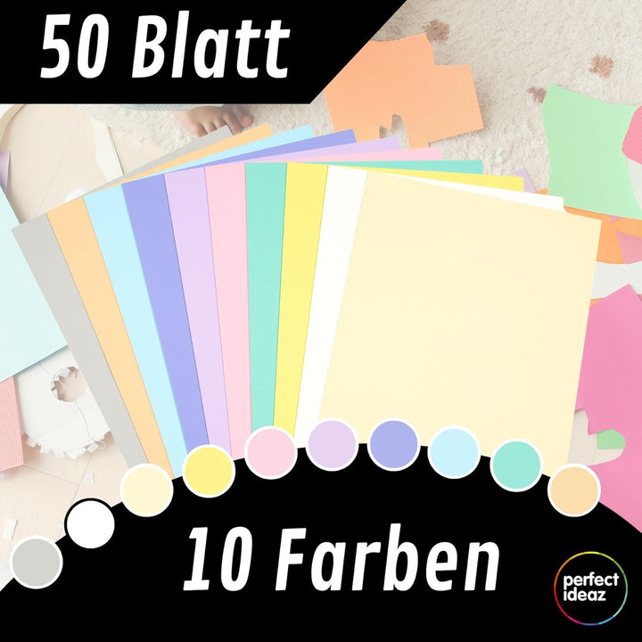 perfect ideaz • 50 Blatt Fotokarton DIN-A2, 10 Farben, stabiler recycling Karton 300 g/m², Made in G