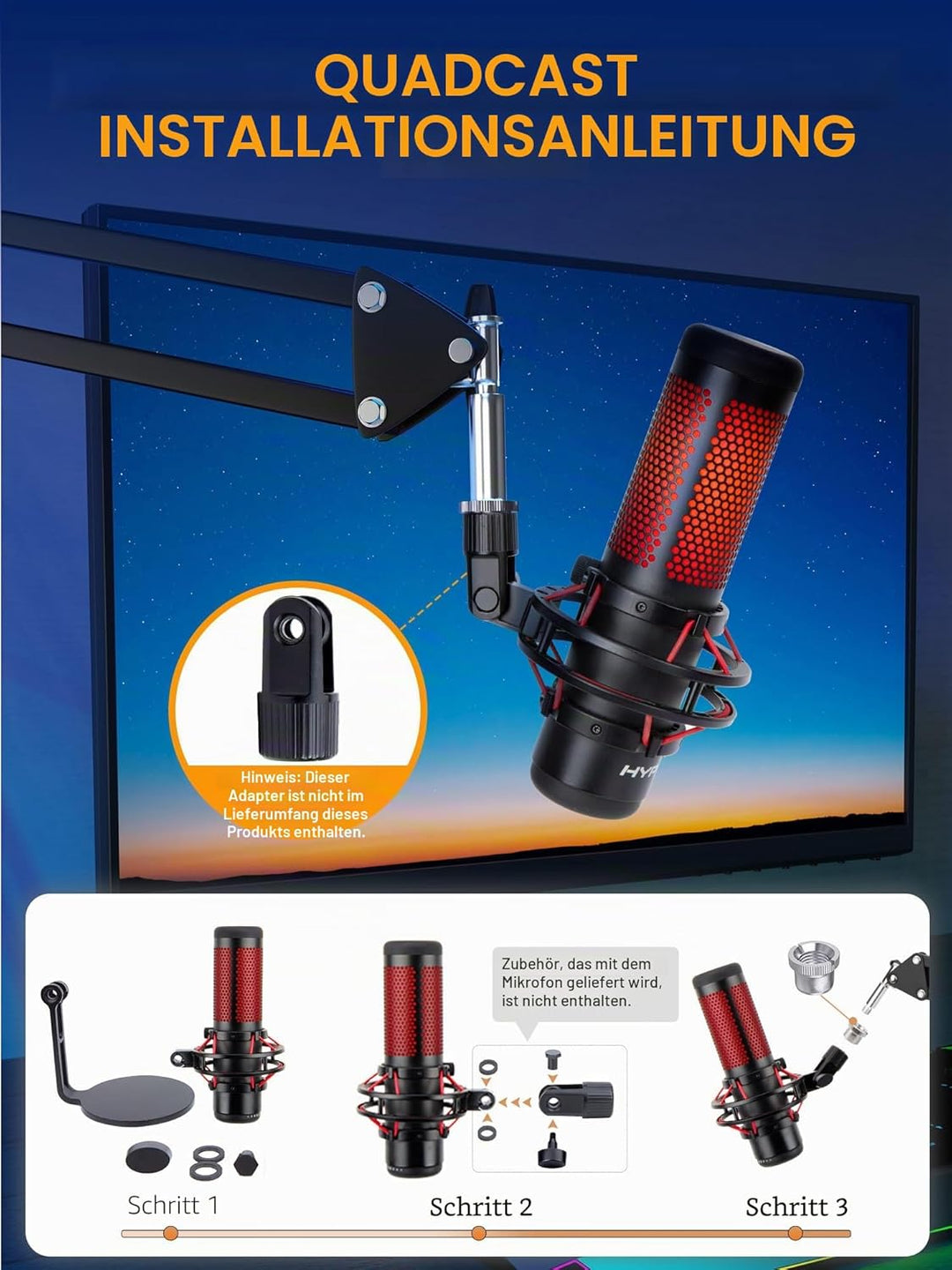 SUNMON Mikrofonarm für HyperX QuadCast - Universal Mic Boom Arm Mikrofon Ständer mit Kabelbinder, ei