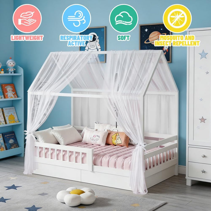 Hausbett Himmel Set, 2 Stück Hausbett Himmel für Kinderbett, 150 x 350 cm, Leichte Atmungsaktive Sto