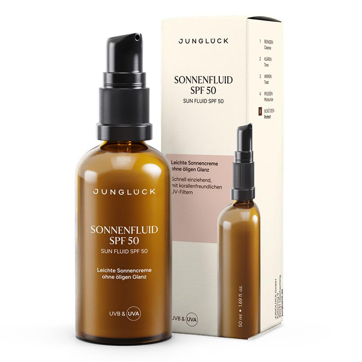 JUNGLÜCK Sonnenfluid Gesicht SPF 50 - Vegan | Leichte Gesichtslotion mit organischen UVFiltern ohne