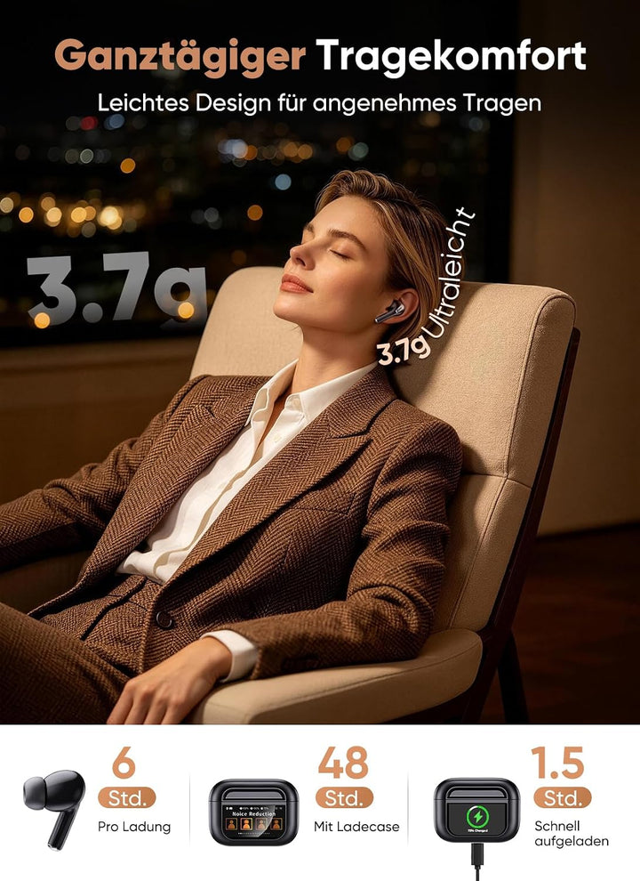 ZZU Kabellose Bluetooth Kopfhörer mit Smart Touchscreen, 48 Std. Laufzeit, Bluetooth 5.4 In-Ear Ohrh
