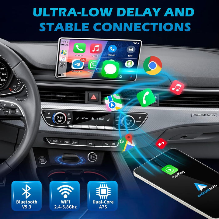 2 IN 1 Wireless Android Auto & Carplay Wireless Adapter, Convert Wired to Wireles s Carplay Dongle,