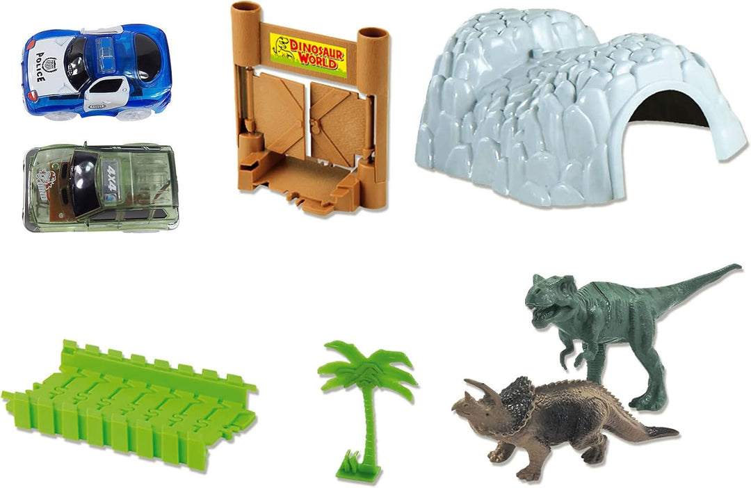 Amewi Rennbahn Magic TRAXX, Autorennen im Dino Park, 374 Teile Mega Set mit Tunnel und Aufbewahrungs