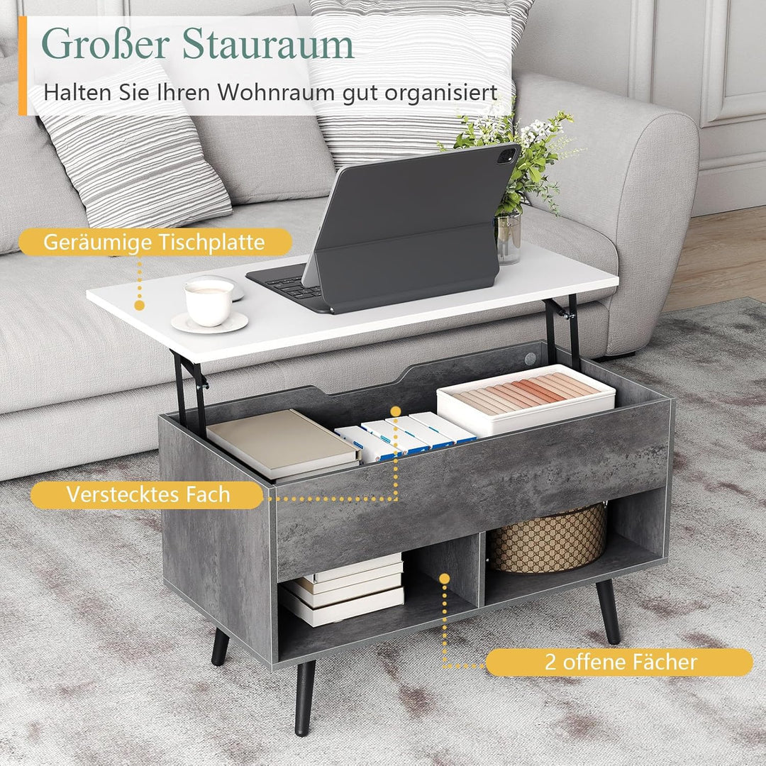COSTWAY Couchtisch höhenverstellbar, Sofatisch mit anhebbarer Tischplatte & 2 offenen Regalen, auszi