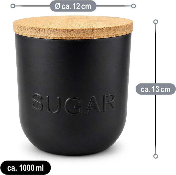com-four® 3er Vorratsdosen Set mit Bambusdeckel, Kaffee, Tee und Zucker | runde Vorratsbehälter je 1