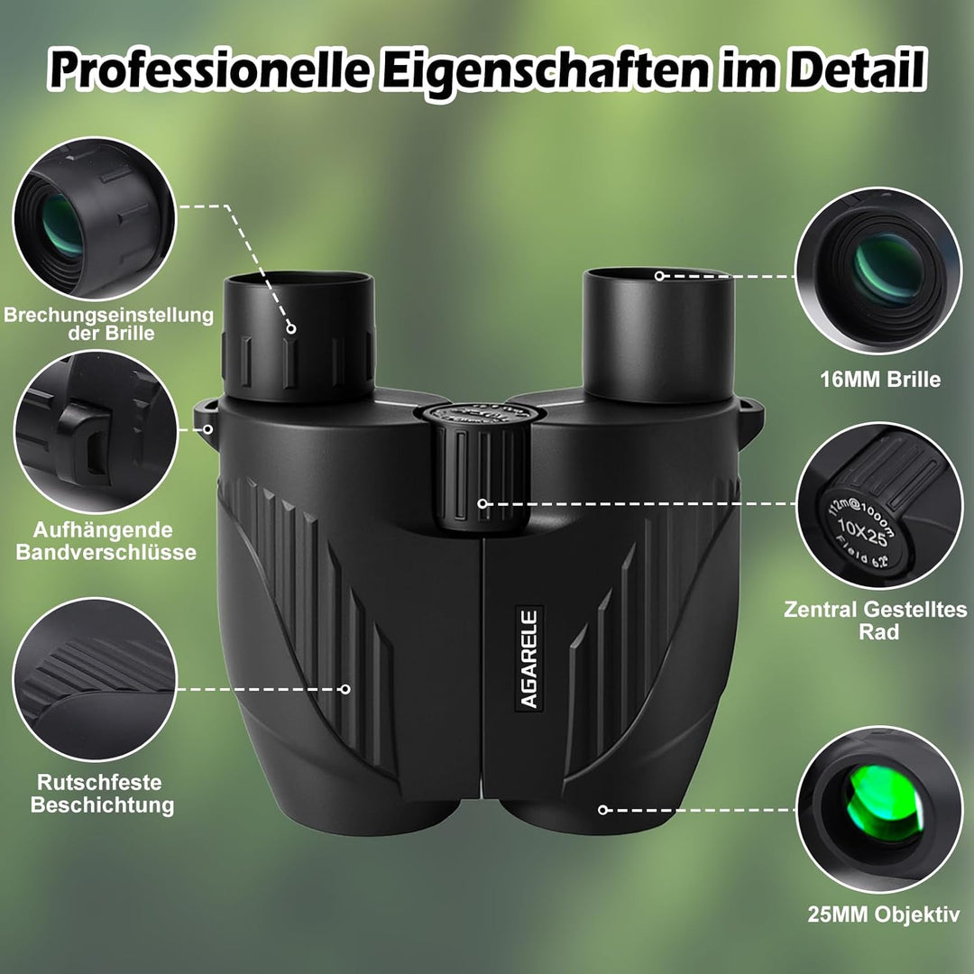 Fernglas für Erwachsene und Kinder, 10x25 Kompaktes Kleines Fernglas mit HD Linsen, Leicht, mit Gürt