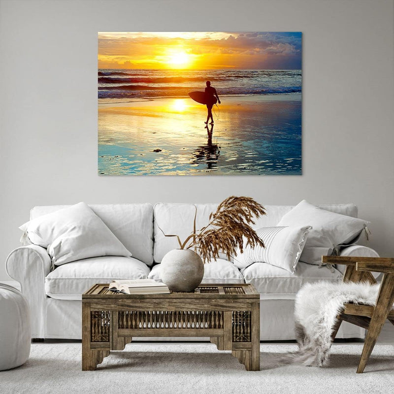 Bilder auf Leinwand 100x70cm Leinwandbild Surfer sonnenuntergang ozean brett Gross Wanddeko Bild Sch