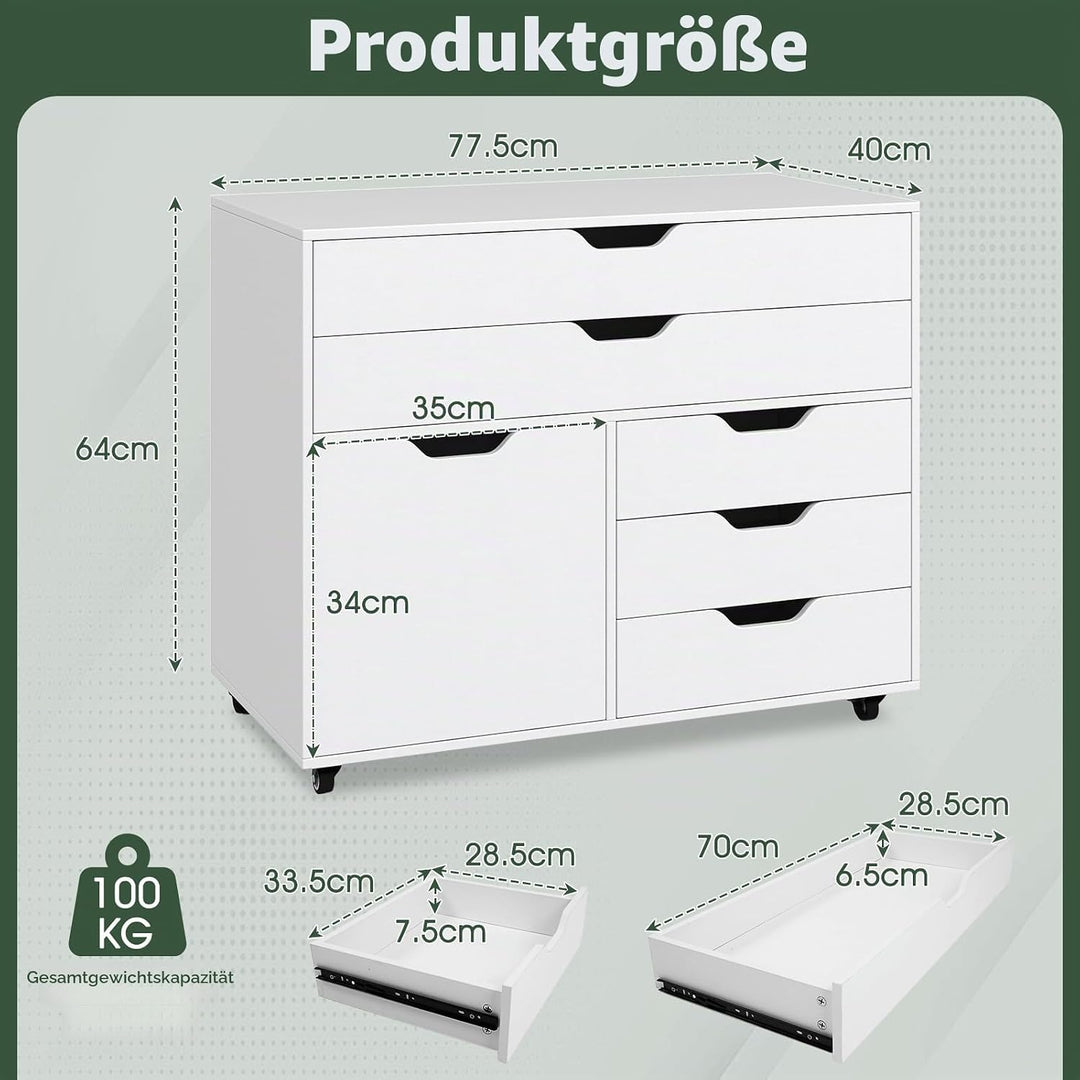 GIANTEX Rollcontainer mit 5 Schubladen &amp; 1 Schrank, mobiler Aktenschrank mit 5 Rollen, Schubladensch