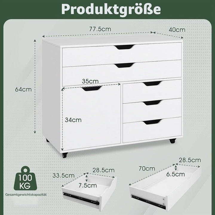GIANTEX Rollcontainer mit 5 Schubladen &amp; 1 Schrank, mobiler Aktenschrank mit 5 Rollen, Schubladensch