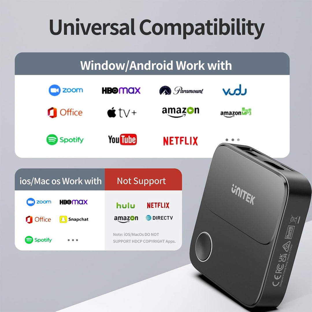 Unitek Wireless Hdmi Display Dongle Adapter - 2.4G/5G 4K Miracast/Airplay Adapter, Wi-Fi HDMI für TV