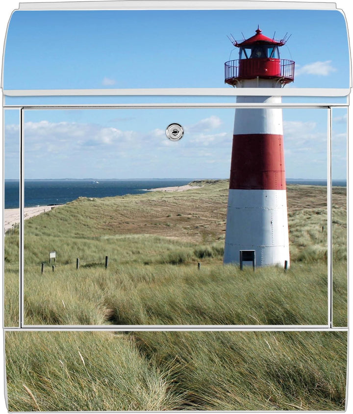 banjado® Design Briefkasten mit Motiv Leuchtturm 39x47x14cm &amp; 2 Schlüssel - Briefkasten Stahl weiss