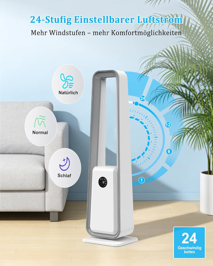 Rotorloser Ventilator,Turmventilator sehr Leise,3 Geschwindigkeiten,75°Oszillation,12H Timer,LED-Anz