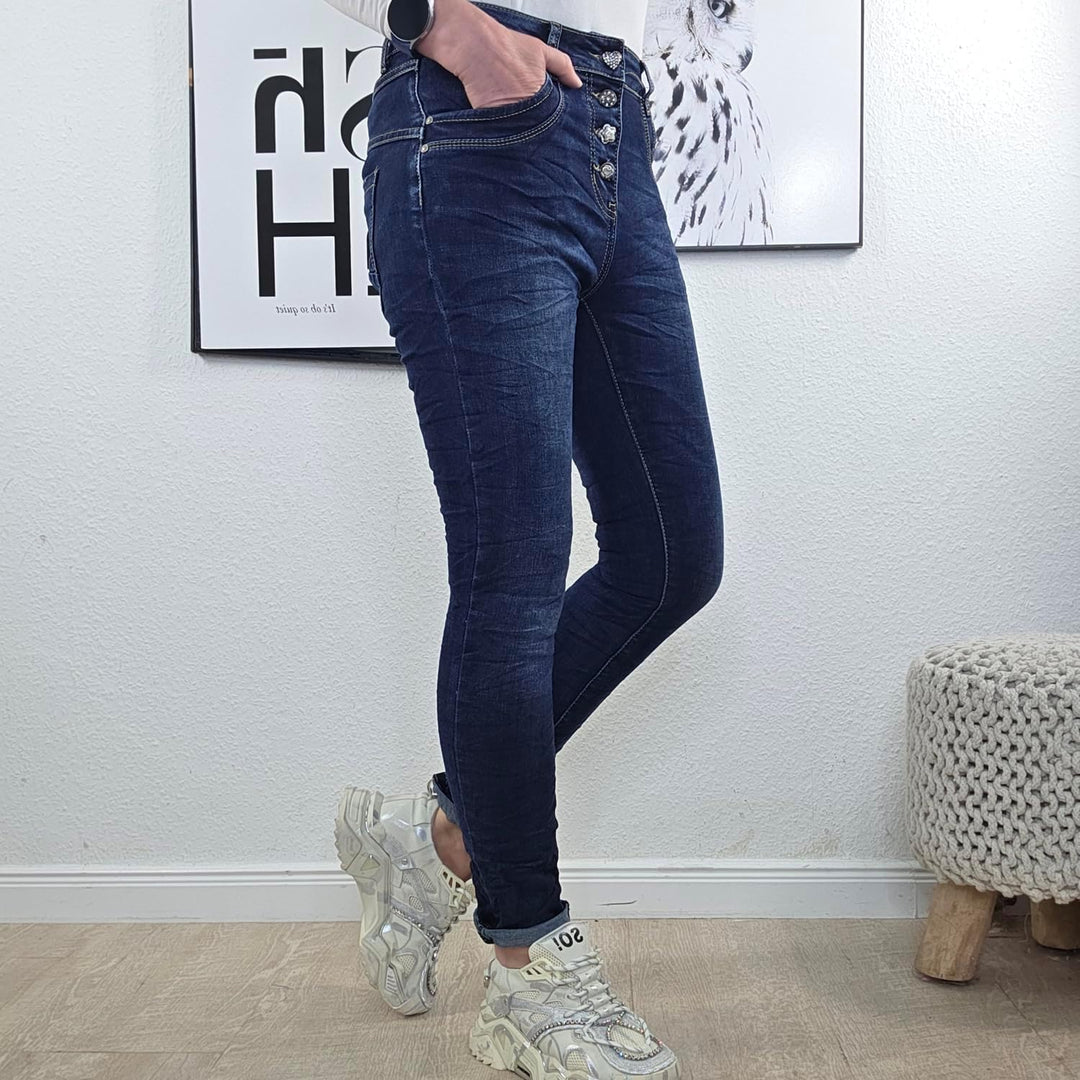 Jewelly Stretch Jeans| im Baggy Boyfriend Schnitt| Damen Hose mit dekorativer Knopfleiste| Perfekter