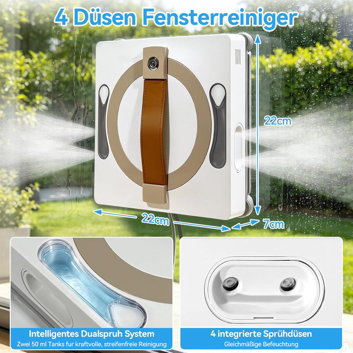 Fensterreiniger mit 4 Sprühdüsen, 8000Pa Saugkraft, Brushloser Motor, Z N Z+N Reinigungsmodi, Fernbe