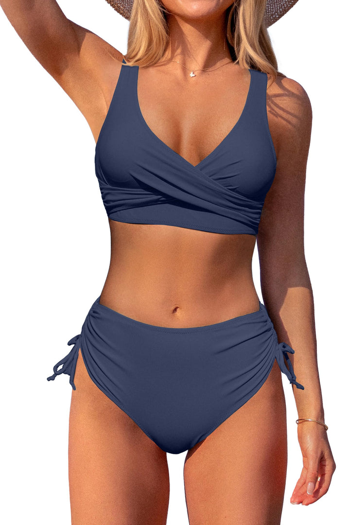 Beachsissi Damen Cross Back Badeanzüge Leopard Twist Front Bademode Kordelzug Side Bikini Sets S Dun