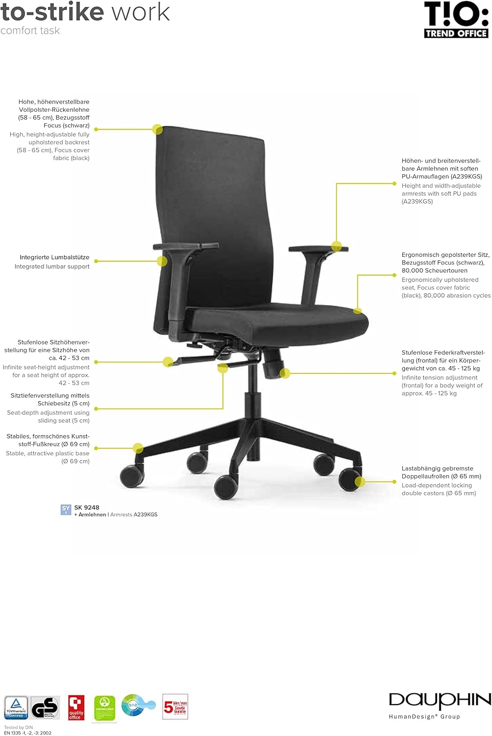 Trendoffice to-Strike Comfort sk 9248 | ergonomischer Bürostuhl | gepolstert | schwarz | mit Armlehn