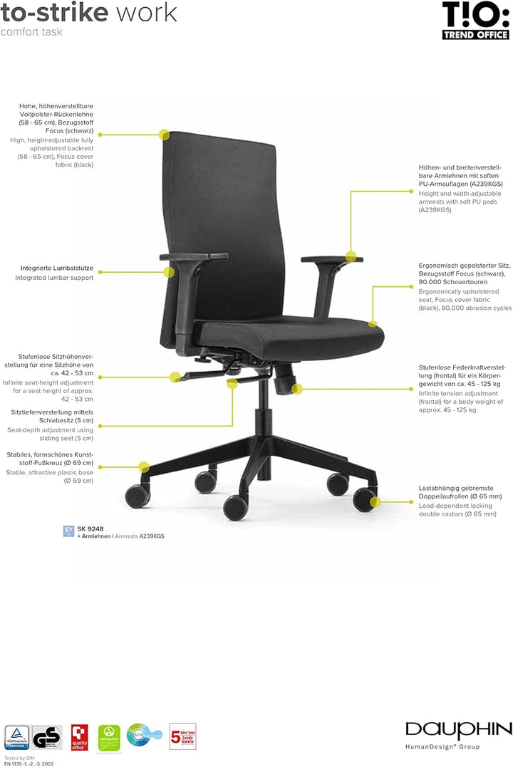 Trendoffice to-Strike Comfort sk 9248 | ergonomischer Bürostuhl | gepolstert | schwarz | mit Armlehn