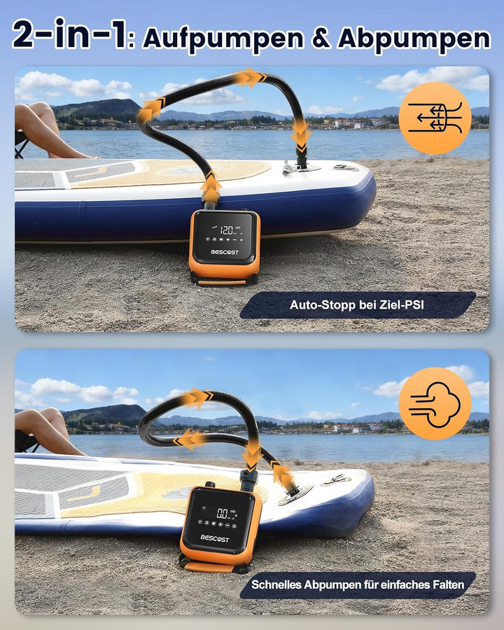Elektrische SUP Pumpe Akku 20 PSI, 3 Boards pro Ladung, Auto-Stop Doppelstufen Luftpumpe, für Kajak