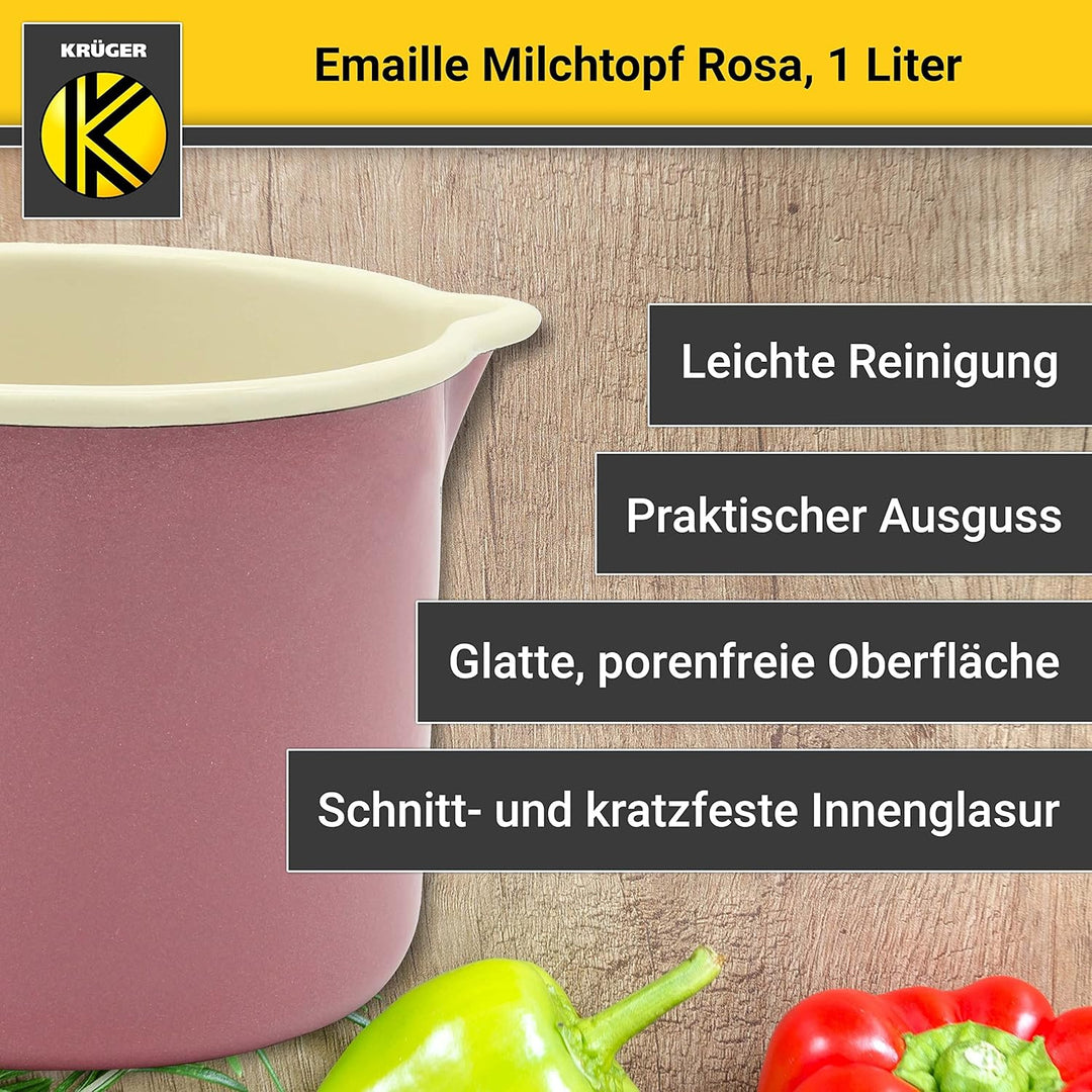 Krüger Emaille-Milchtopf Rosa 12cm, 1 Liter - Topf mit Vollkontaktboden für energiesparendes Kochen